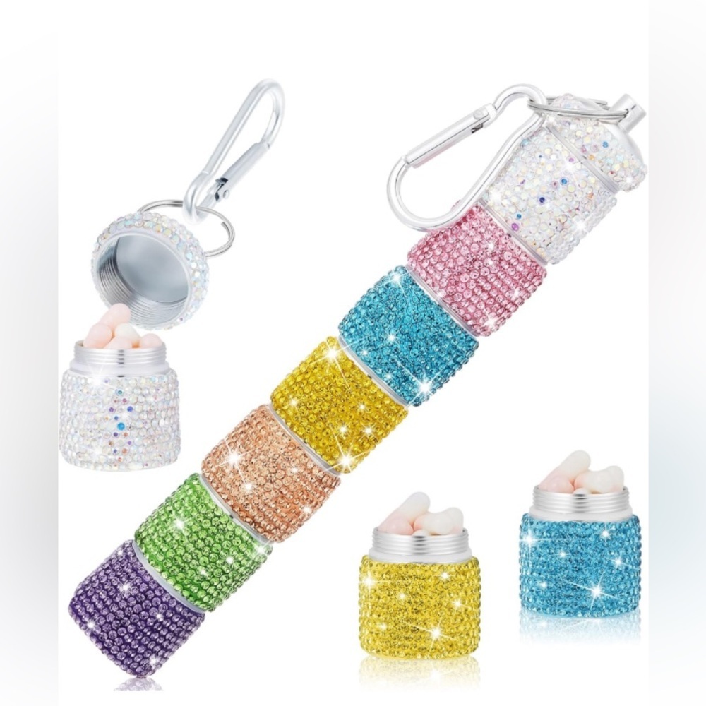 Beautiful Bling Pill Case 7 Day Rhinestone Pill Container Keychain